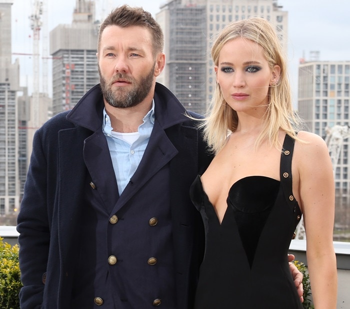 Joel Edgerton and Jennifer Lawrence posing for photographs at the photo call for their latest film 'Red Sparrow' held at The Corinthia Hotel in London, England, on February 20, 2018