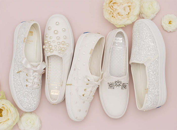 Pearls, glitter, satin laces, and crystal embellishments transformed Keds’ classic sneaker silhouettes into wedding-ready shoes that still felt playful rather than overly formal
