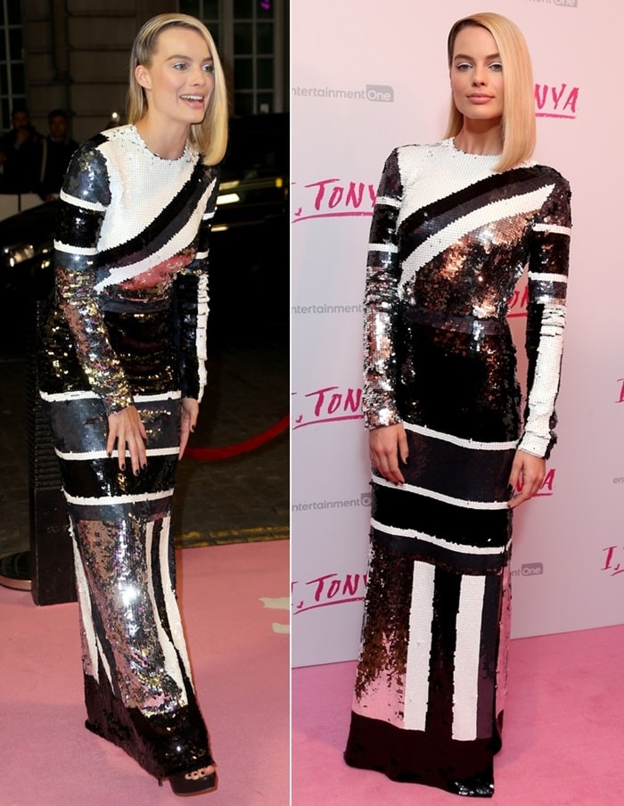 Margot Robbie in a custom Louis Vuitton sequin dress at the UK premiere of her hit film I, Tonya held at The Curzon Mayfair in London, England on February 15, 2018