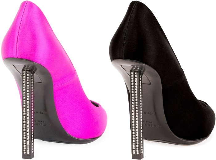 A crystal-studded inset heel adds to the sharp, modern look of a cap toe pump featuring a pointy toe embellished with an extra touch of sparkle