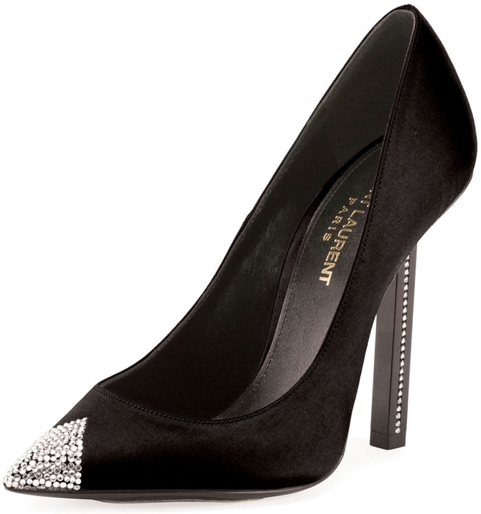 A crystal-studded inset heel adds to the sharp, modern look of a cap toe pump featuring a pointy toe embellished with an extra touch of sparkle
