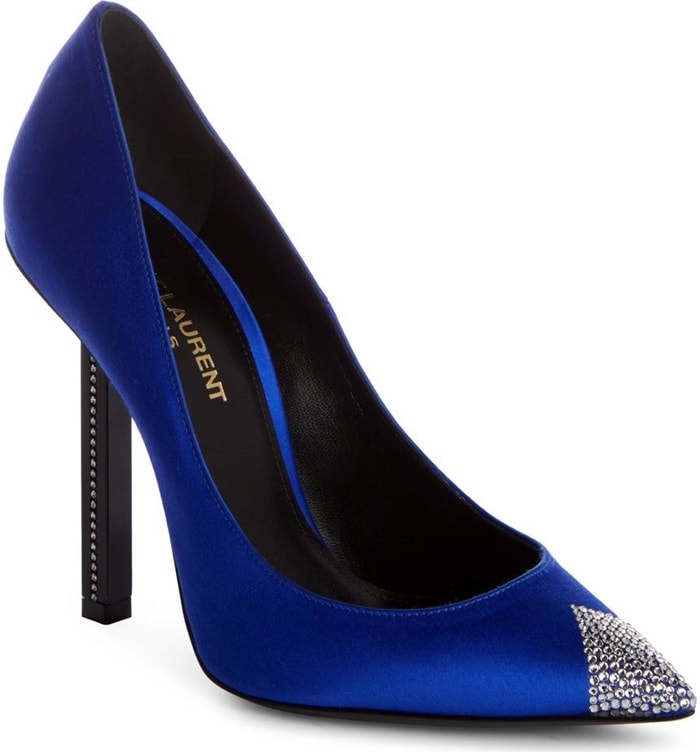 A crystal-studded inset heel adds to the sharp, modern look of a cap toe pump featuring a pointy toe embellished with an extra touch of sparkle
