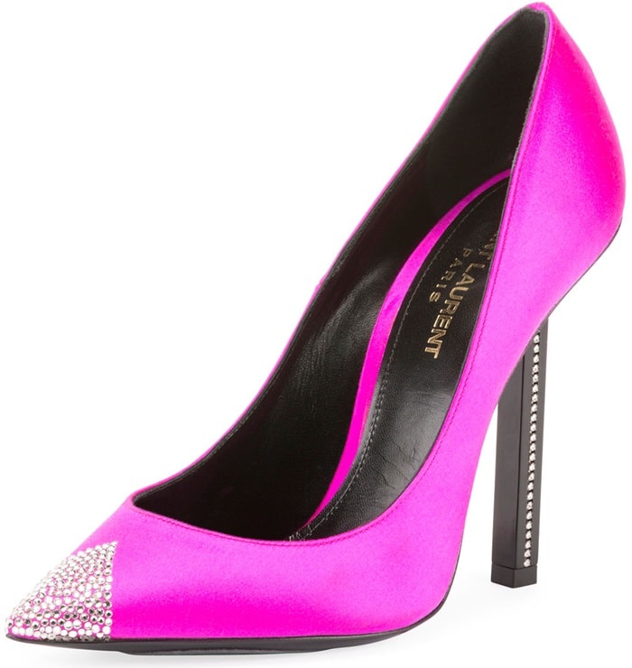 A crystal-studded inset heel adds to the sharp, modern look of a cap toe pump featuring a pointy toe embellished with an extra touch of sparkle