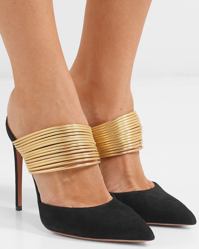 Aquazzura's Rendez Vous suede mules have been made in Italy and topped with a thick band of gold leather to keep your feet secure as well as balance the 105mm heel