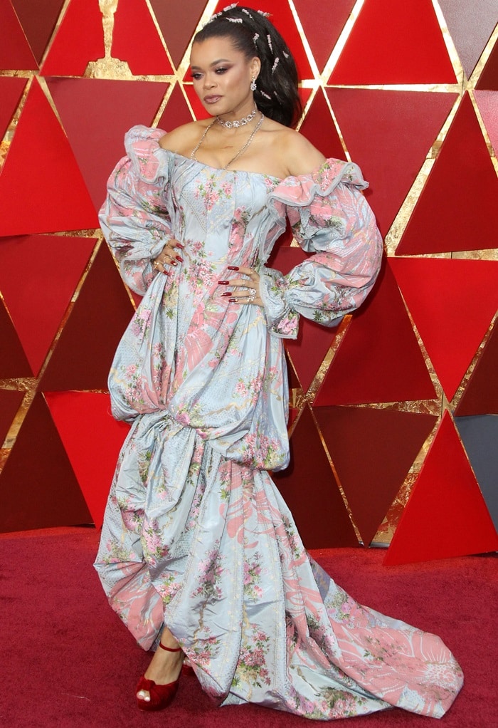 Andra Day in a costumey Zac Posen Spring 2018 gown at the 2018 Oscars at the Hollywood Highland Center in Hollywood, California, on March 4, 2018