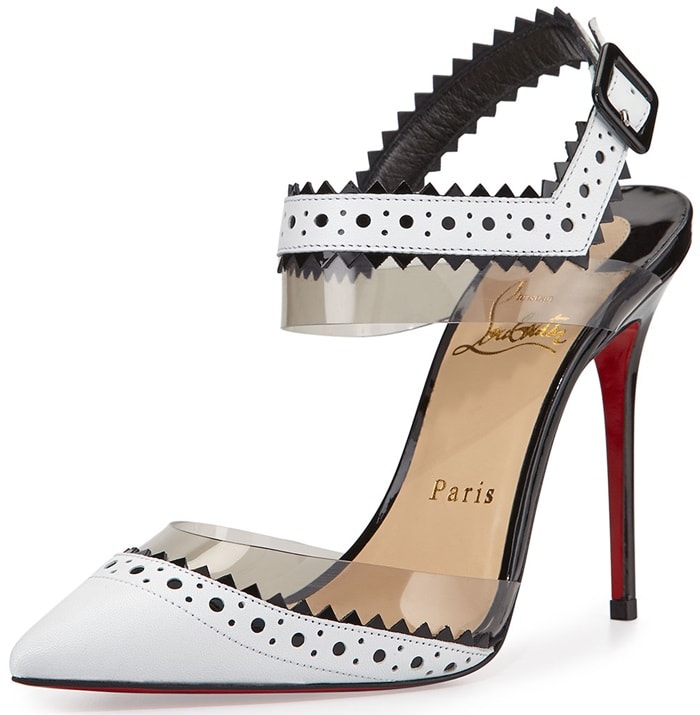 The white version of the Christian Louboutin “Chouette” pump highlights the design’s graphic contrast, pairing crisp perforated leather with sculptural PVC straps and the house’s iconic red lacquered sole