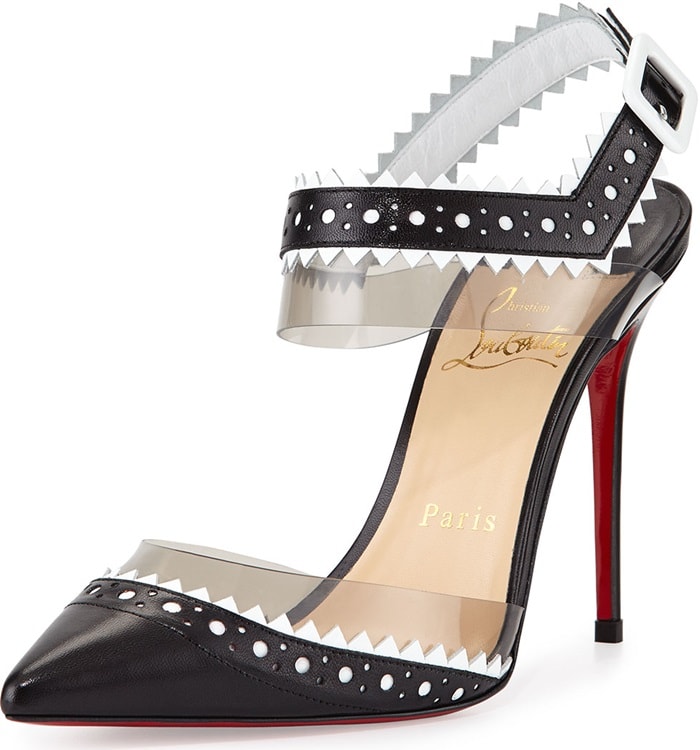 Christian Louboutin’s “Chouette” pump in black combines perforated leather, zigzag pinked edges, and transparent PVC panels to create the label’s signature detached-heel illusion around a sharply pointed silhouette