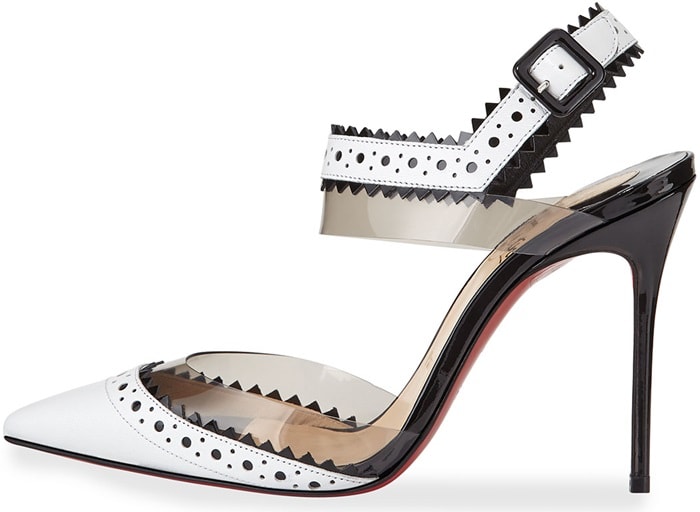 The white version of the Christian Louboutin “Chouette” pump highlights the design’s graphic contrast, pairing crisp perforated leather with sculptural PVC straps and the house’s iconic red lacquered sole
