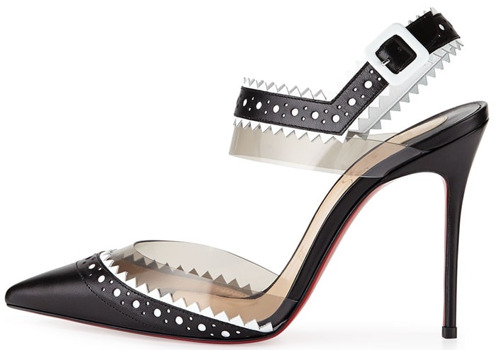 Christian Louboutin’s “Chouette” pump in black combines perforated leather, zigzag pinked edges, and transparent PVC panels to create the label’s signature detached-heel illusion around a sharply pointed silhouette