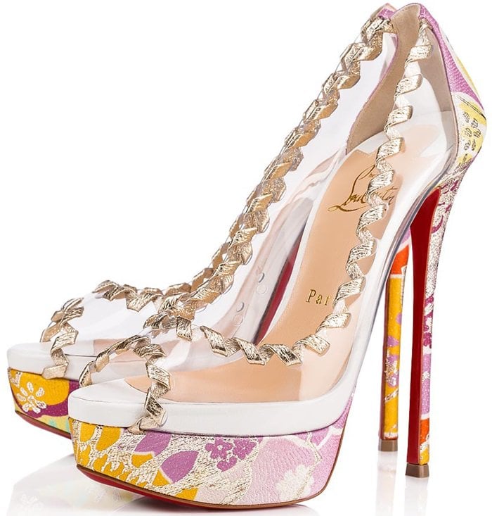 Her clear PVC upper is embellished with an interwoven leather lace at the rim that recalls the precision of embroidery stitching