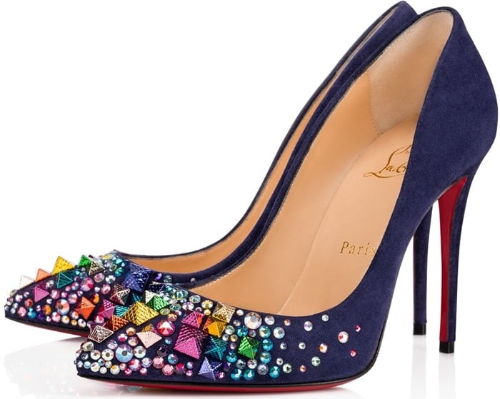 The China Blue version of Christian Louboutin’s “Keopump” pumps adds multicolored crystals and metallic pyramid studs to the sleek pointed-toe silhouette, creating a more vibrant, jewel-like interpretation of the design