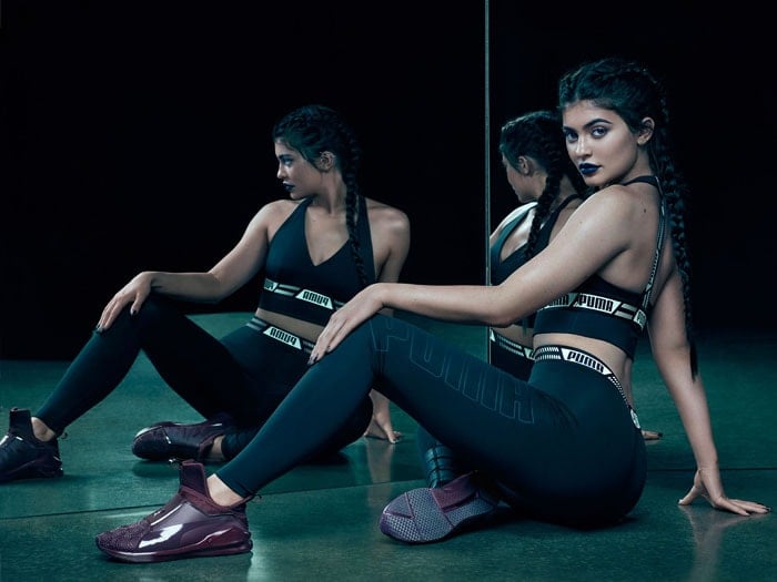 Kylie Jenner in the 2016 PUMA ad campaign for the PUMA "Fierce KRM" trainers featuring a lace-less style, slip-on construction, and a high, extended tongue