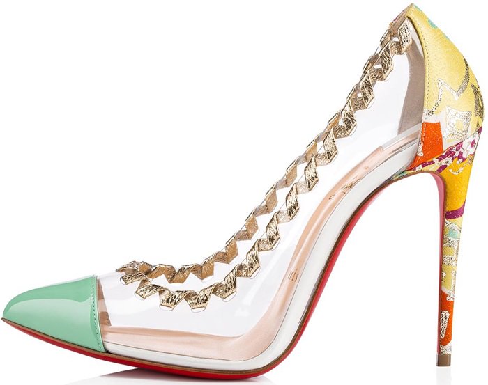 Her clear PVC upper is embellished with an interwoven leather lace at the rim that recalls the precision of embroidery stitching