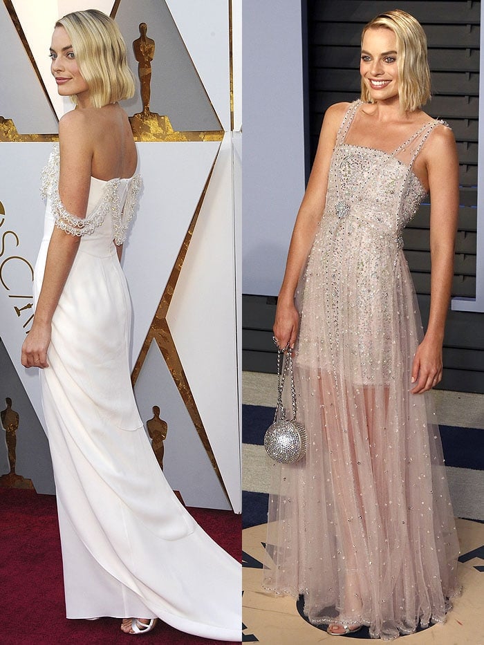 Margot Robbie being able to wear her Roger Vivier 'Es'sensual' white satin heels and Jimmy Choo 'Minny' heels all day from the 2018 Academy Awards to the 2018 Vanity Fair Oscar Party on March 4, 2018.