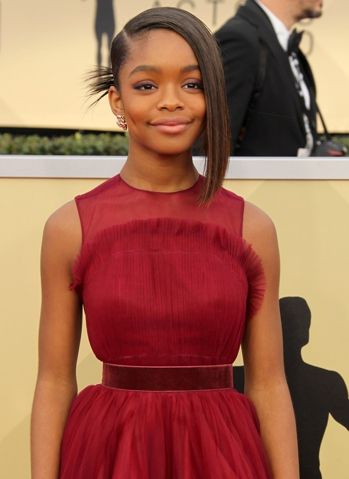 Marsai Martin in a gorgeous Miri Couture crimson tulle gown and Andrea Groussman jewelry