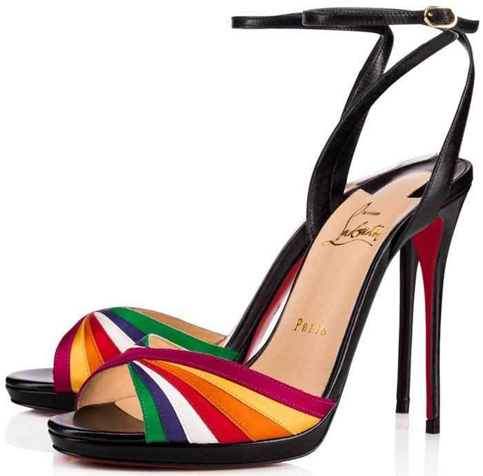 Superposing slender strips of multicolored satin in a flawlessly stitched cross-over pattern at the toe strap, this 120mm black leather slingback sandal is as rare as a rainbow