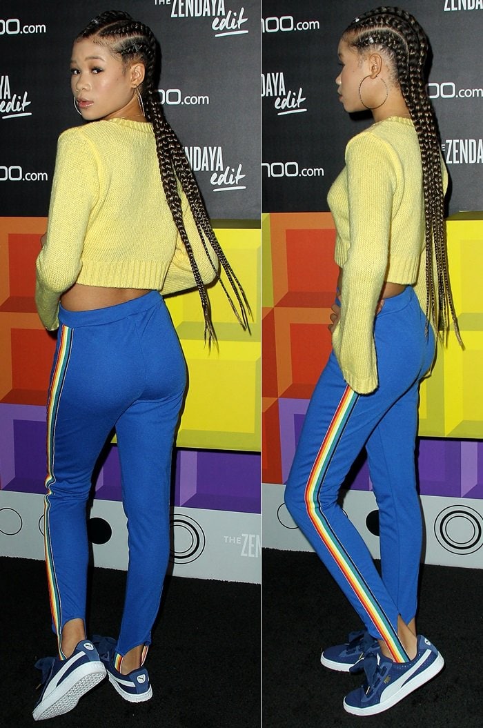 Storm Reid sporting rainbow tape stirrup pants from the Zendaya Edit, blending comfort with style