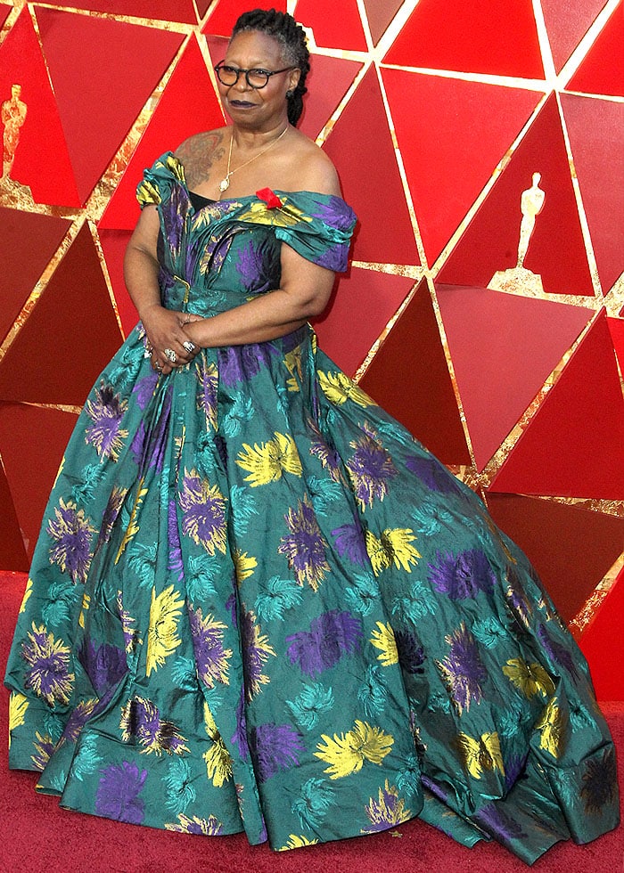 Whoopi Goldberg stunning in a custom Christian Siriano ball gown with metallic purple and gold leaf prints at the 2018 Oscars