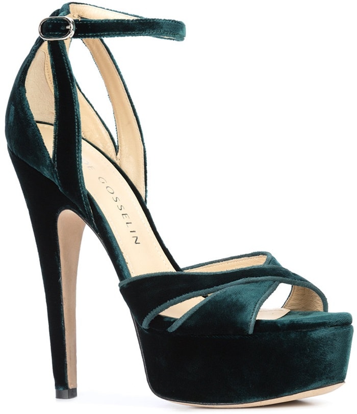Crafted of green velvet, Chloe Gosselin's Opia ankle-strap sandals are designed with a comfortable platform and sky-high stiletto heel