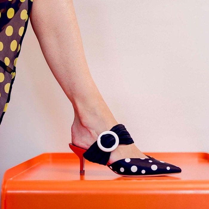 These mules are shaped with a pointed toe and coordinating vamp