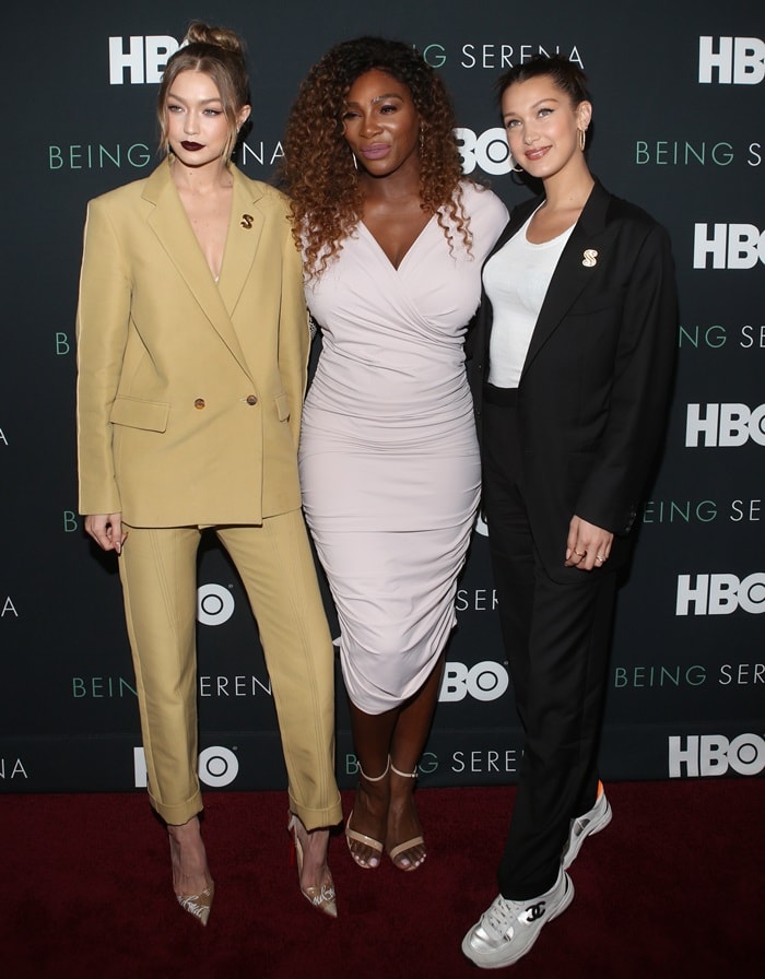 Serena Williams, Gigi Hadid, and Bella Hadid, all towering above the average American woman at heights of 5'9", 5'9¼", and 5'8", respectively, showcase their statuesque elegance at the Being Serena premiere in New York City on April 25, 2018