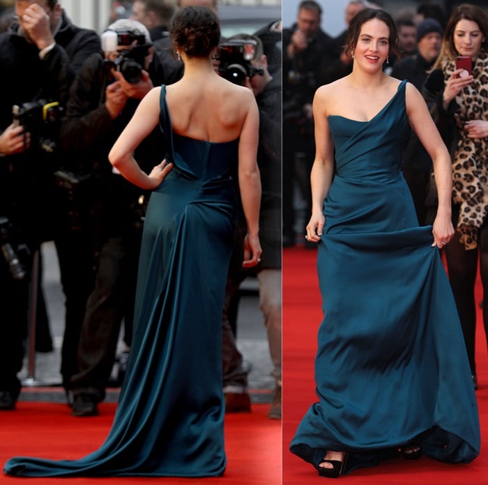 Jessica Brown Findlay in a glamorous dark-teal Vivienne Westwood Couture gown