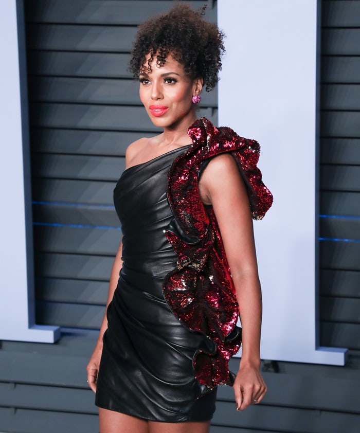 Kerry Washington striking a fierce pose in a leather dress from Alexandre Vauthier's Spring 2018 collection