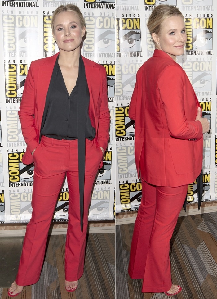 Kristen Bell in a red Anine Bing suit and matching 'New Darsey' strappy mules