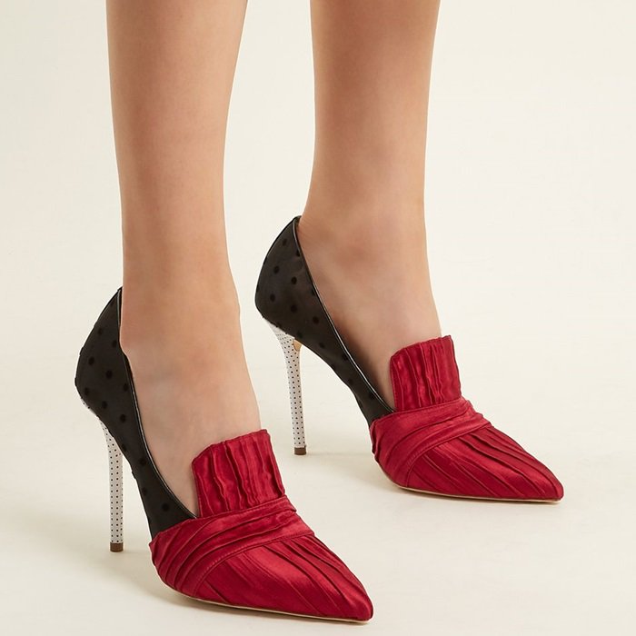 These black satin pumps are made in Italy with a pleated ruby-red satin point toe and tongue