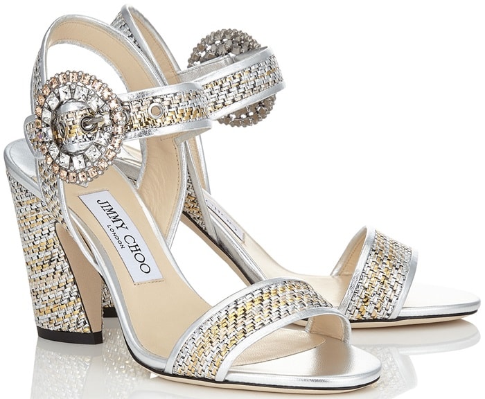 Made from silver woven metallic fabric, this manageable yet stylish heel will allow you to wear it morning through to night