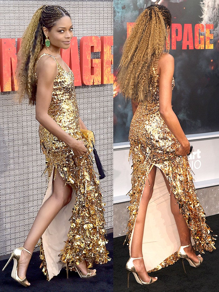 Naomie Harris wearing Jimmy Choo gold ankle-strap sandals with a Miu Miu gold sequined dress