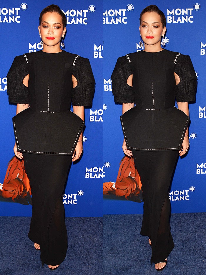 Rita Ora wearing a Vera Wang Fall 2018 dress and Gianvito Rossi 'Jaime' sandals.