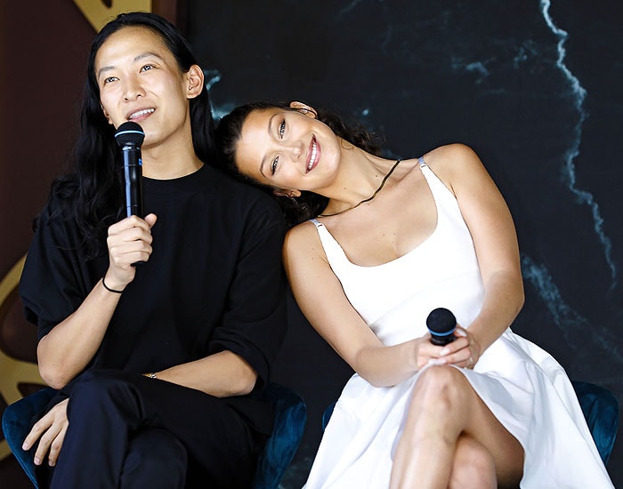 Bella Hadid and Alexander Wang answering questions and posing together at the Magnum x Alexander Wang "Take Pleasure Seriously" photo call held during the 2018 Cannes Film Festival in Cannes