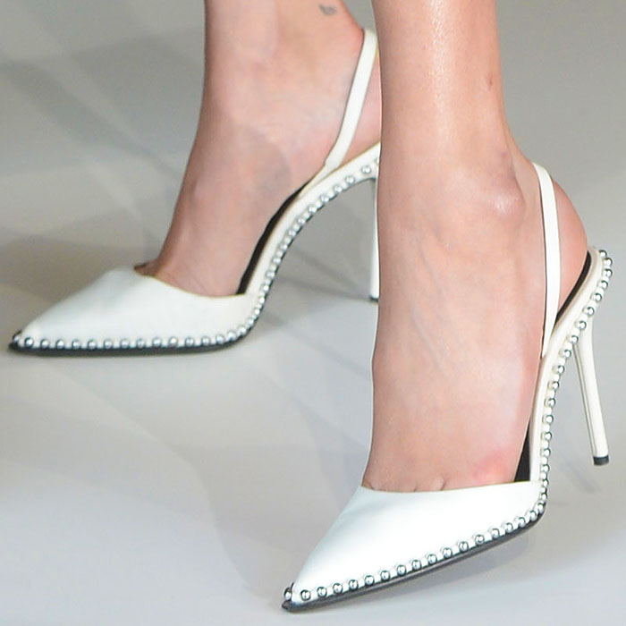 Bella Hadid's feet in white Alexander Wang "Rina" slingback pumps
