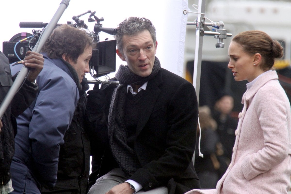 Director Darren Aronofsky, Vincent Cassel, and Natalie Portman on the set of Black Swan in New York City