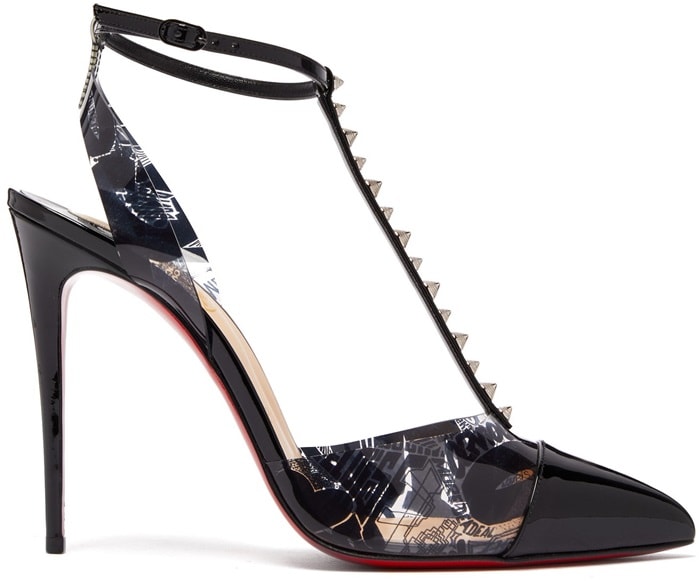 Crafted in patent leather, they feature a graffiti-printed PVC panel and a T-bar strap with silver-tone spikes – a signature hallmark of the house.