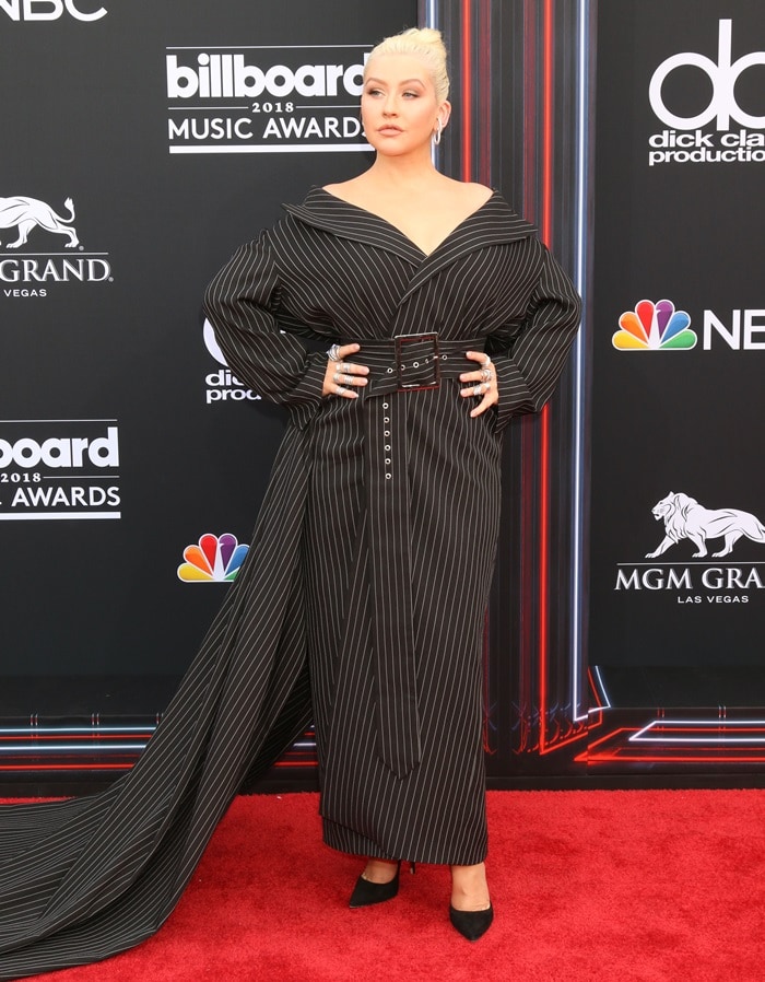 Christina Aguilera looked completely overwhelmed in a custom pinstripe 16Arlington jacket dress