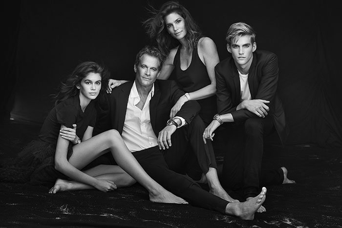 Kaia Gerber, Rande Gerber, Cindy Crawford, and Presley Gerber star in the Omega Her Time'campaign.