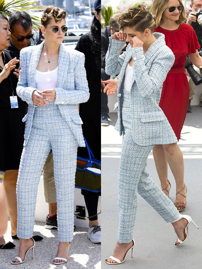 Kristen Stewart wearing a Chanel Resort 2019 high-waisted suit with white Aquazzura 'Casablanca' sandals.