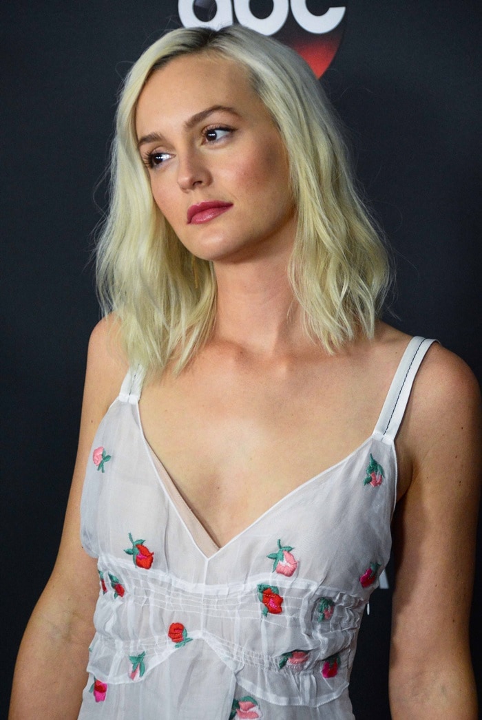 Leighton Meester shows off her soft platinum blonde waves and a fresh, natural makeup look with rosy lips at the ABC Upfronts