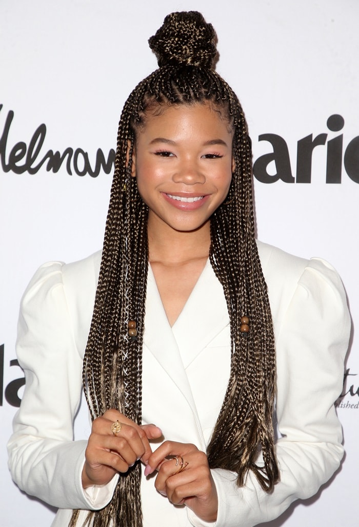 Storm Reid radiates elegance in a chic white ensemble at the Marie Claire Fresh Faces issue celebration in Los Angeles on April 27, 2018