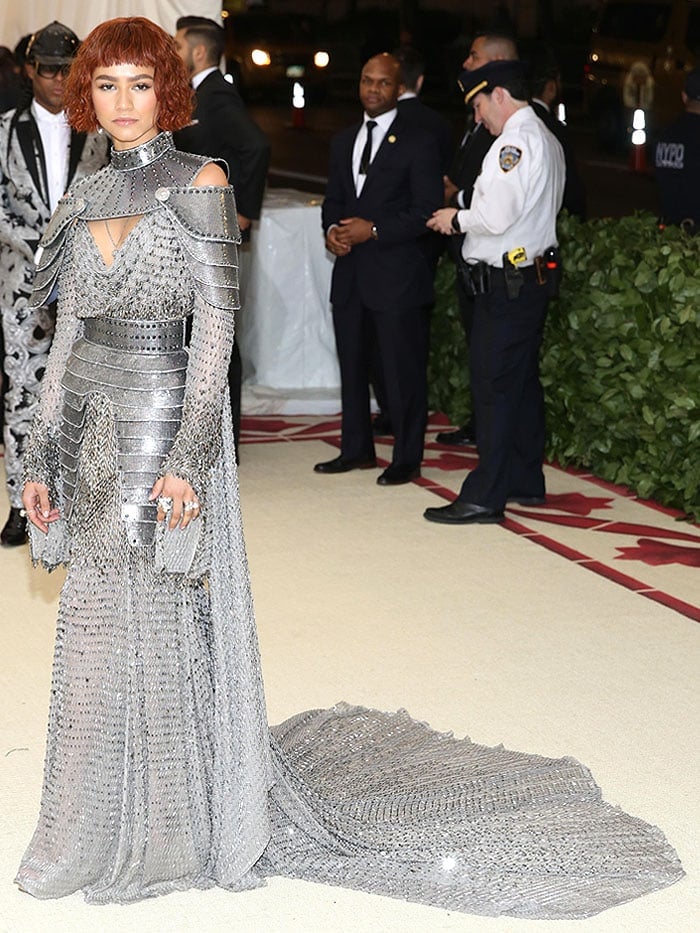 Zendaya channeling Joan of Arc in an Atelier Versace armor and chainmail gown at the "Heavenly Bodies: Fashion The Catholic Imagination" Costume Institute Gala at The Metropolitan Museum of Art