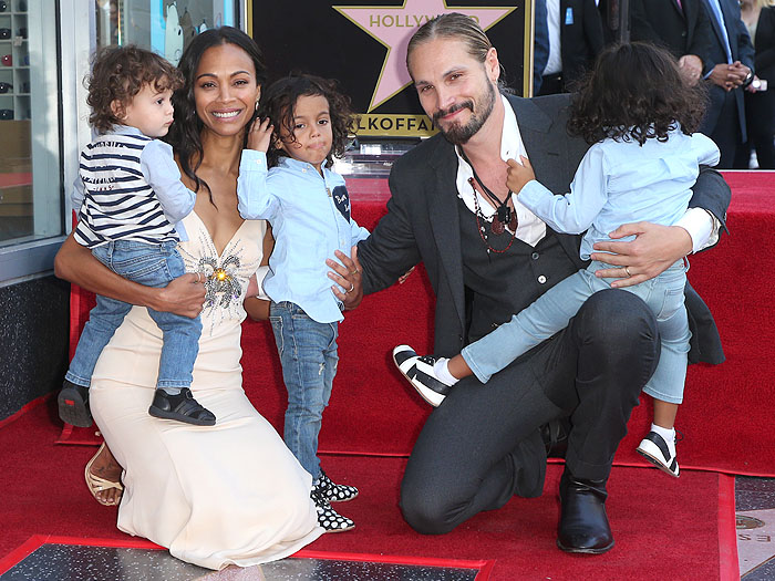Zoe Saldaña with husband Marco Perego and their sons, three-year-old twins Bowie Ezio and Cy Aridio and one-year-old Zen Perego-Saldana