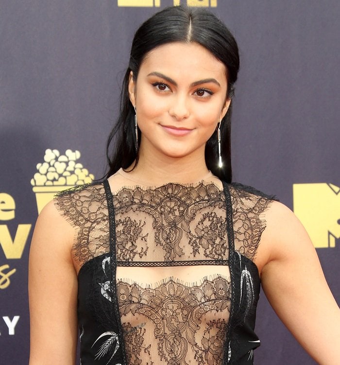 Camila Mendes wearing Jennifer Meyer onyx diamond inlay earrings