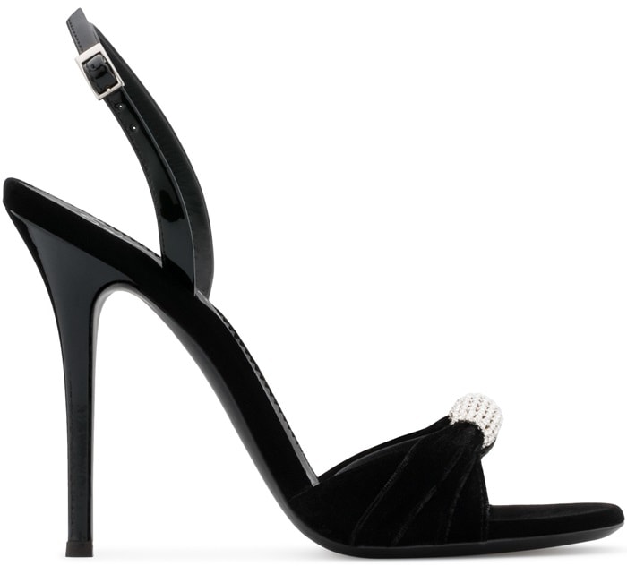 Black Velvet Sling-Back Sylvia Sandals With Crystal Brooch