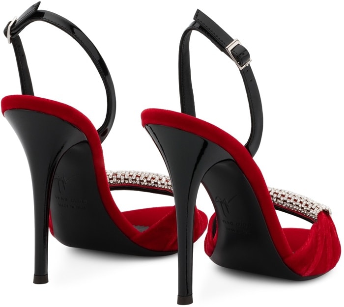 Red Velvet Sling-Back Sylvia Sandals With Crystal Brooch