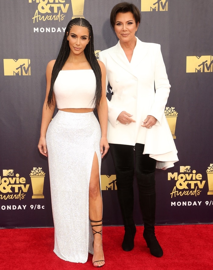 Kim Kardashian posing with Kris Jenner at the 2018 MTV Movie TV Awards at Barker Hangar in Santa Monica, California, on June 16, 2018