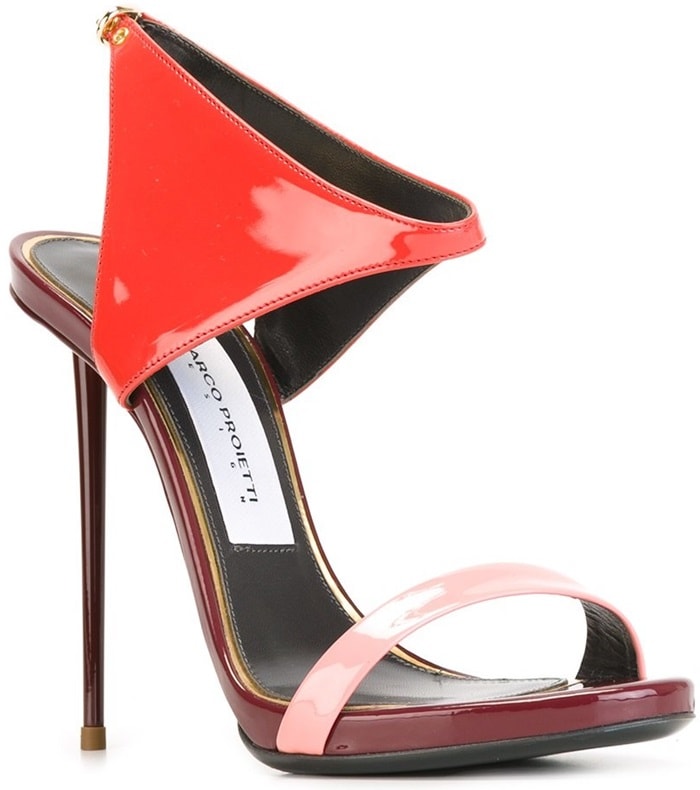 Marco Proietti’s sculptural coral patent sandals combined angular geometric panels with razor-thin stiletto heels for a dramatic couture-inspired silhouette