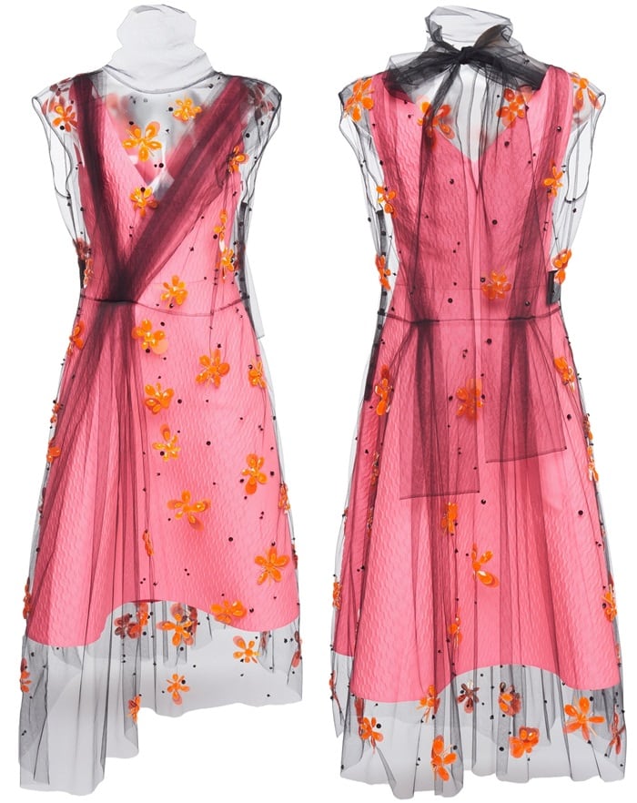 This embellished dress ensemble features a tulle overlay with pleating and embellishments throughout