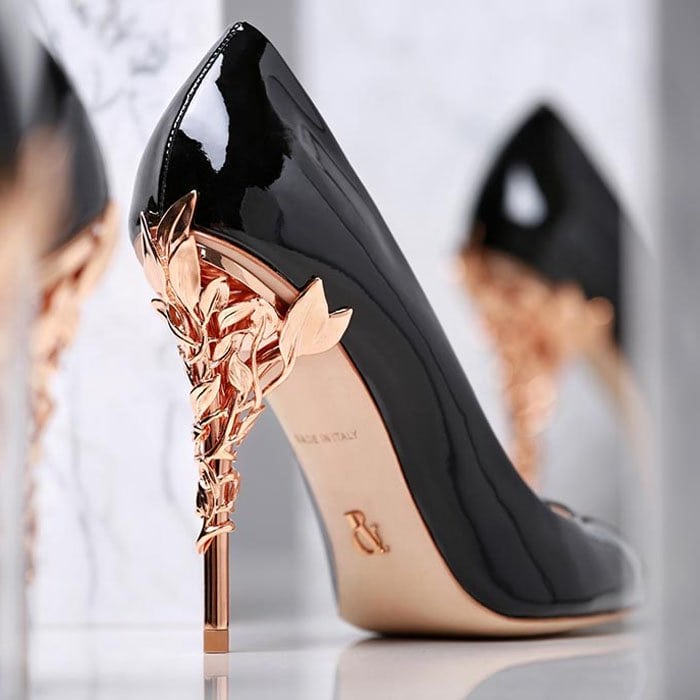 Ralph Russo Eden Heel Pumps in black patent with rose gold leaves